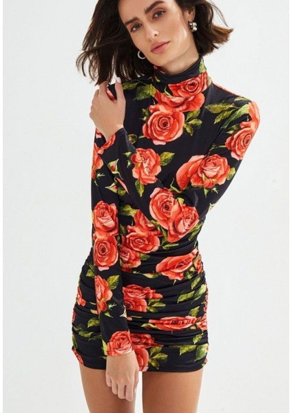 Kadın Balıkçı Yaka Gül Baskılı Fırsat Ürün Mini Elbise