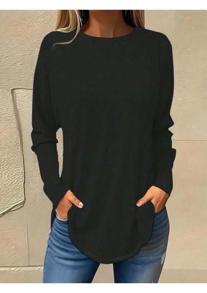Kadın Uzun Kollu Yuvarlak Yaka Salaş Iki Iplik Bluz