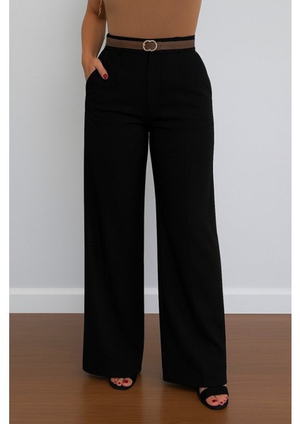 Kadın Yüksek Bel Geniş Paça Detaylı Cepli Ithal Krep Pantolon modelleri