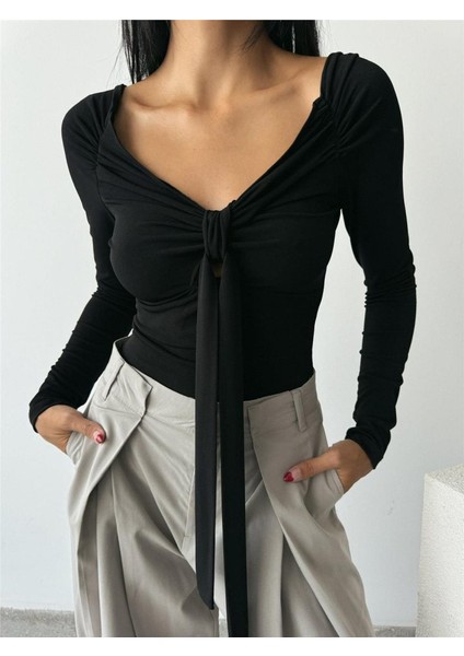 Sandy Bodysuit Önden Bağlama Detaylı - Siyah modelleri