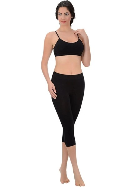 Kadın Pamuk Siyah Diz Altı Kapri Tayt & Rahat Doku