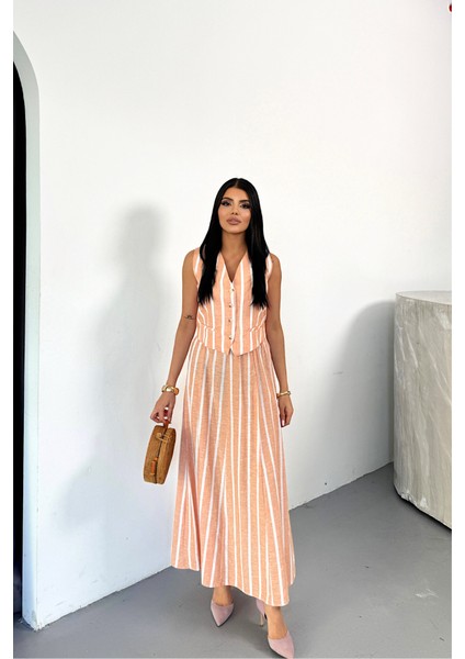 Keten Çizgili Yelek - Uzun Etek Takım - Orange fiyatları