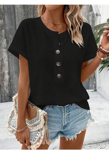 Kadın Kısa Kollu Yakası Açık Önden Düğmeli Waffle Bluz