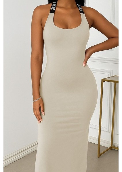 Kadın Yuvarlak Yaka Sırttan Çapraz Şerit Love Detaylı Yırtmaçlı Viskon Elbise modelleri