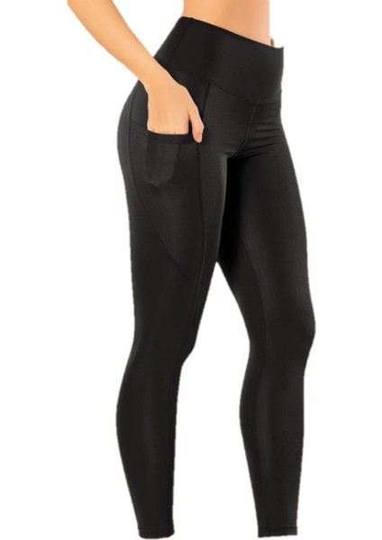 Yüksek Bel Cep Detaylı Disko Uzun Tayt Siyah 4106