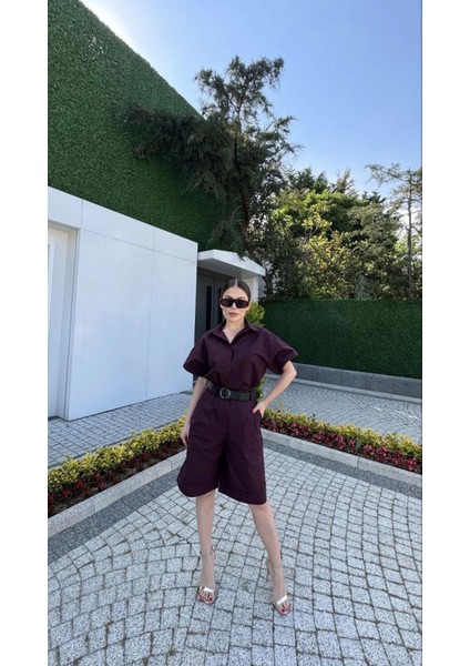 Yakalı Gömlek Kemerli Şortlu Takım - Bordo