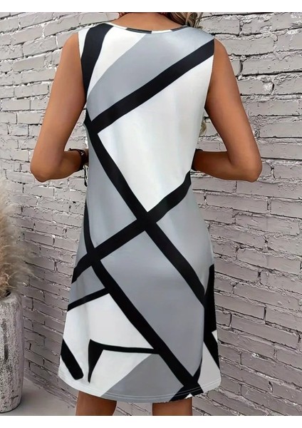 Kadın Askılı Yuvarlak Yaka Geometrik Desenli Kısa Süprem Elbise fiyatları