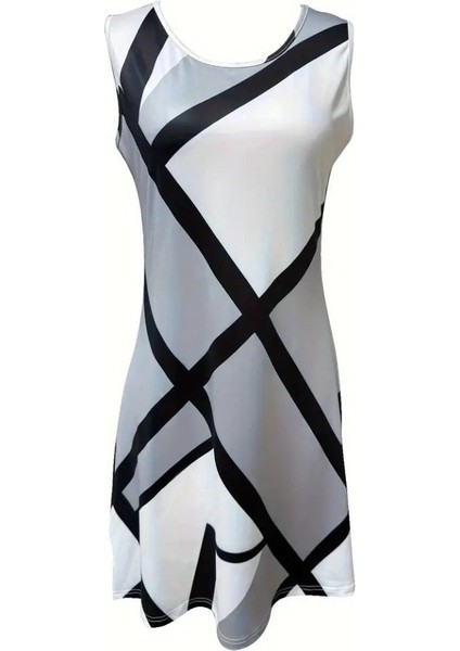 Kadın Askılı Yuvarlak Yaka Geometrik Desenli Kısa Süprem Elbise modelleri