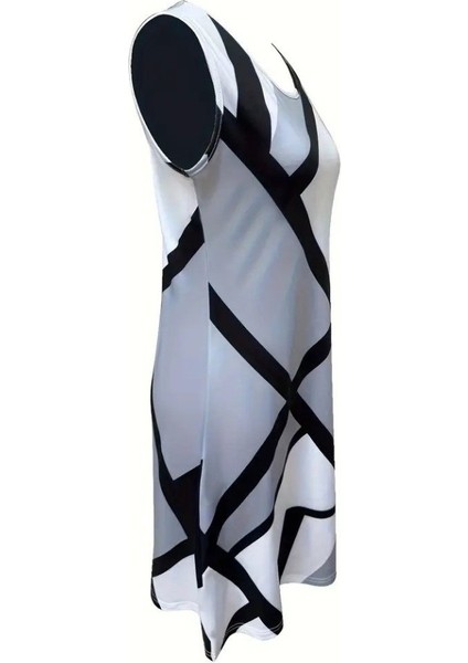 Kadın Askılı Yuvarlak Yaka Geometrik Desenli Kısa Süprem Elbise indirimleri