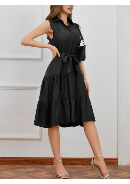 Kadın Kısa Kollu Gömlek Yaka Düğmeli Beli Kuşaklı Katlı Dokuma Midi Elbise fırsatları
