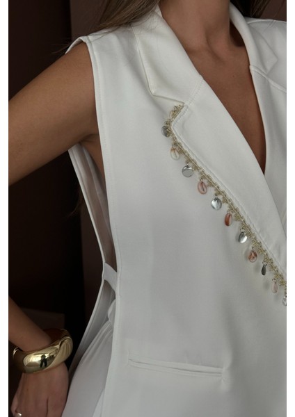 Yaka Midye Kabuğu Sıralı Yelek - Pantolontakım Keten Kumaş - Beyaz modelleri