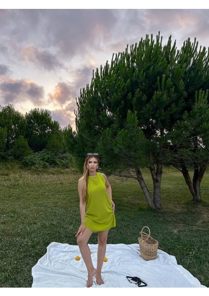 Kadın Keten Kumaş Kolsuz Mini Boy Elbise modelleri