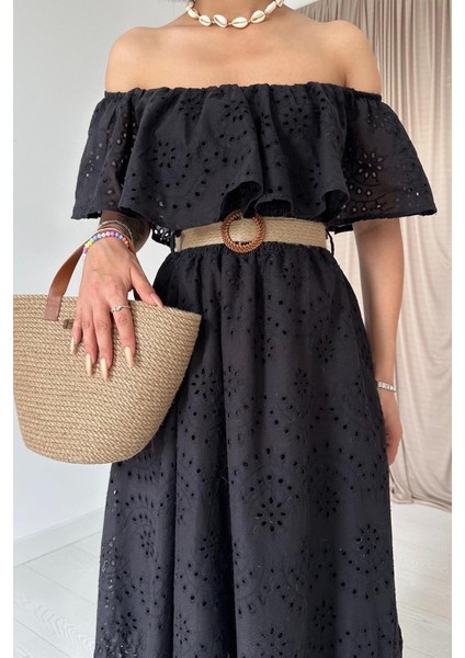 Siyah Omzu Lastikli Brode Elbise modelleri
