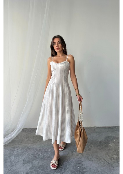 Simli Çizgili Askılı Elbise Midi Boy - Kahverengi