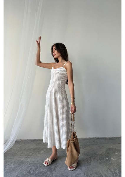 Simli Çizgili Askılı Elbise Midi Boy - Kahverengi modelleri