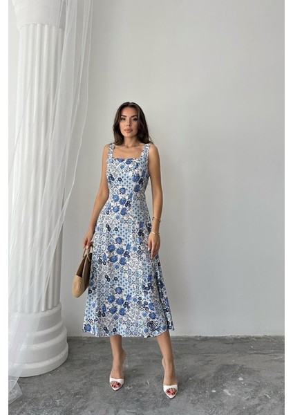 Mavi Çiçekli Viskon Elbise