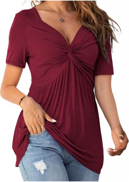 Kadın Kısa Kollu Önü Düğüm Detay Viskon Bluz fiyatları