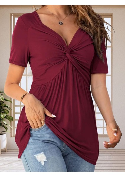Kadın Kısa Kollu Önü Düğüm Detay Viskon Bluz fırsatları