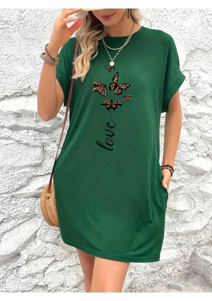 Kadın Kısa Kollu Bisiklet Yaka Cepli Kelebek Baskılı Viskon Elbise