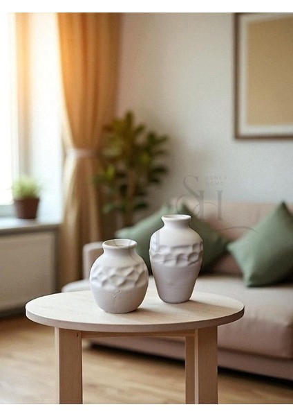 Etnik Desenli 2'li Beton Dekoratif Vazo Set, Dokulu Vazo Set
