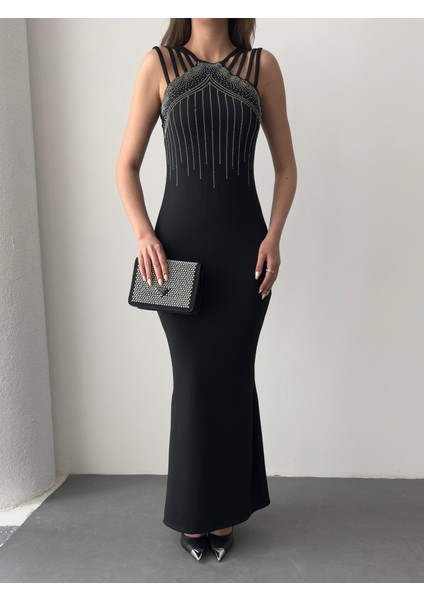 Kadın Omuz Çoklu Askılı Önü Taş Işlemeli Balık Kesim Janjan Krep Maxi Boy Elbise