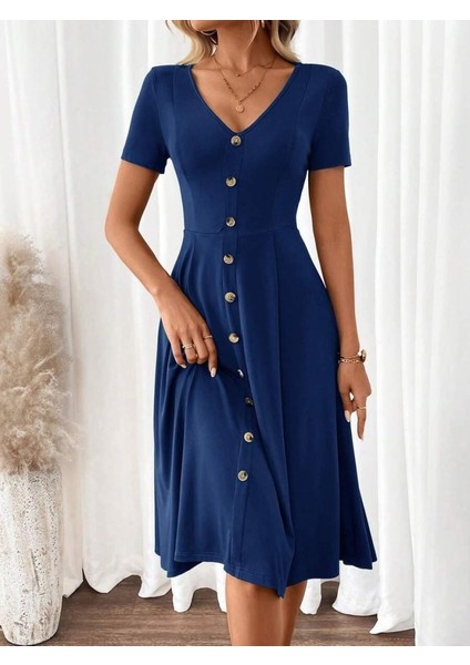 Kadın Kısa Kollu V Yakalı Önden Düğmeli A Kesim Dokuma Elbise modelleri