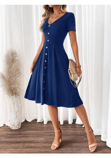 Kadın Kısa Kollu V Yakalı Önden Düğmeli A Kesim Dokuma Elbise indirimleri