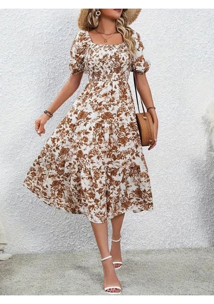 Kadın Kısa Kollu Kare Yakalı Lastikli Desenli Süprem Elbise modelleri