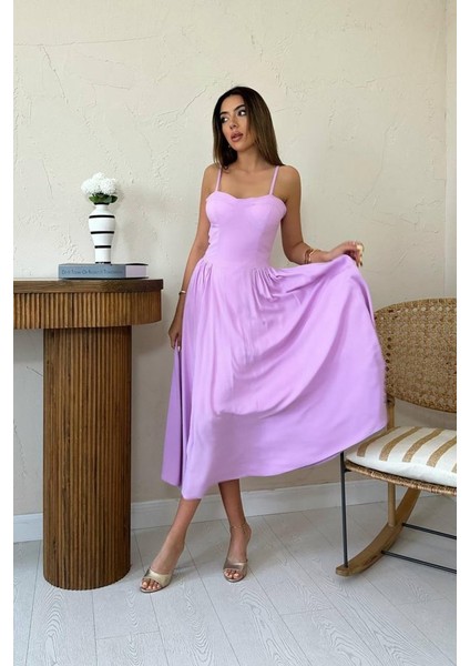 Lila Göğüs Kuplu Uzun Büzgülü Elbise