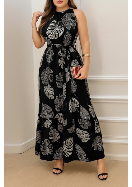 Kadın Sıfır Kok Bağcıklı Kemerli Etek Ucu Fırfırlı Desenli Süprem Elbise