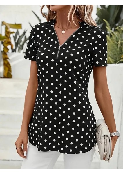 Kadın Kısa Kollu Yakadan Fermuarlı Puantiyeli Uzun Dokuma Viskon Bluz fırsatları