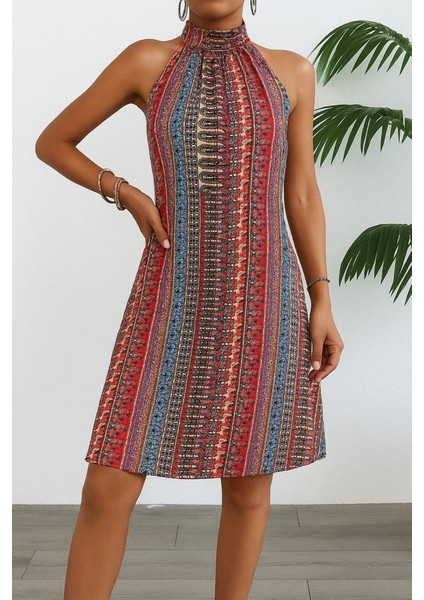 Kadın Kolsuz Boyundan Askılı Desenli Midi Süprem Elbise fırsatları