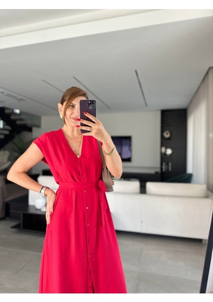 Kadınn V Yaka Düğme Detay Kuşak Dahil Elbise