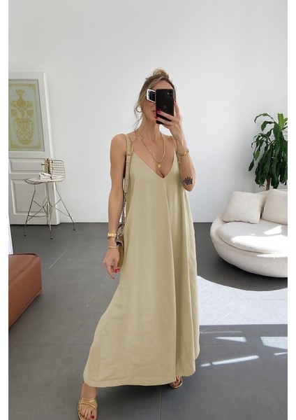 Kadın Ip Askılı V Yakalı Uzun Aerobin Elbise