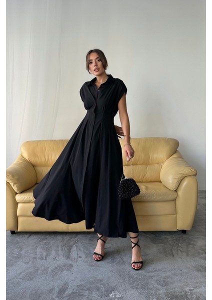 Kolsuz Vatkalı Önden Düğmelibel Pens Detaylı Poplin Elbise - Siyah