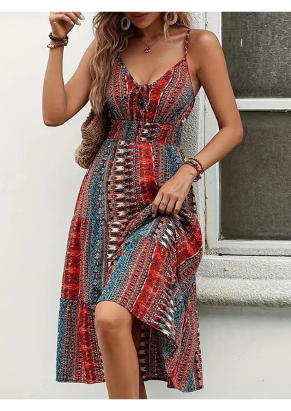 Kadın Ip Askılı V Yakalı Bağcıklı Beli Lastikli Desenli Süprem Elbise fiyatları
