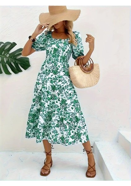 Kadın Kısa Kollu Kare Yakalı Lastikli Desenli Süprem Elbise fiyatları