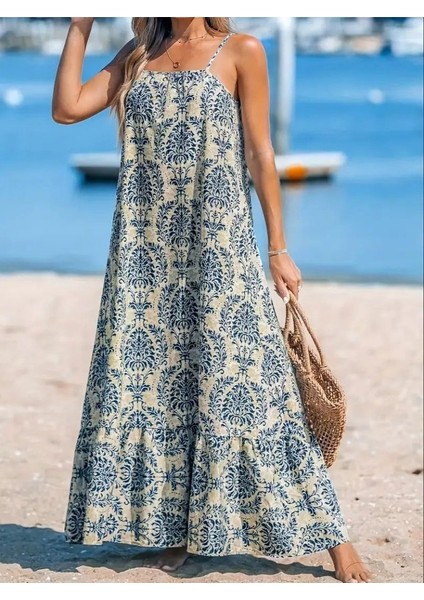 Kadın Ip Askılı Desenli Fırfırlı Süprem Elbise fiyatları