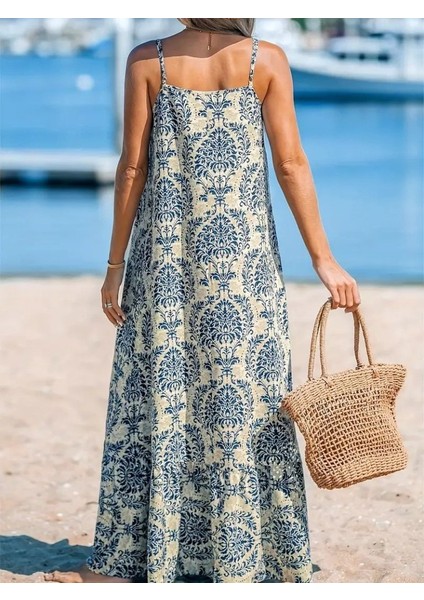 Kadın Ip Askılı Desenli Fırfırlı Süprem Elbise