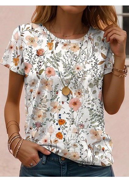 Kadın Kısa Kollu Bisiklet Yaka Çiçek Desenli Viskon Bluz
