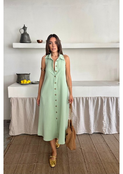 Keten Önden Düğmeli Kolsuz Gömlek Yaka Elbise - Mint