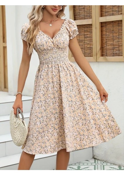 Kadın Kısa Kollu Kruvaze Yaka Lastikli Belden Gipeli Çiçek Desenli Suprem Elbise