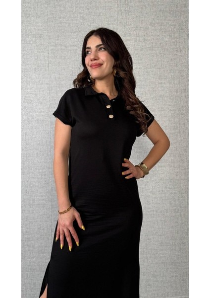 Kadın Kısa Kollu Yakalı Yandan Yırtmaçlı Viskon Iki Iplik Elbise fiyatları