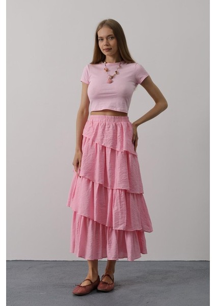 Katlı Kesim Uzun Etek - Pembe