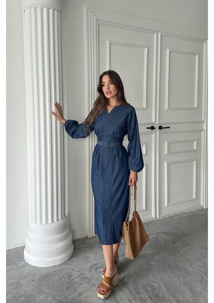 Mavi Tencel Uzun Kollu Elbise