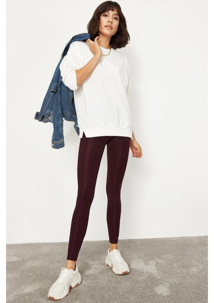 Kadın Mürdüm Uzun Kemerli Toparlayıcı Parlak Disko Tayt