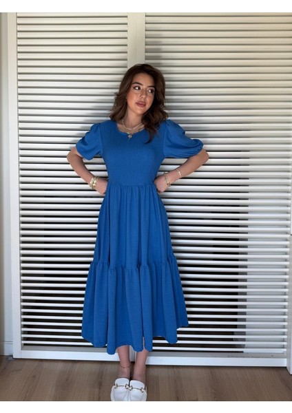 Kadın Kısa Kollu Yakası Açık Katlı Bürümcük Balon Elbise indirimleri