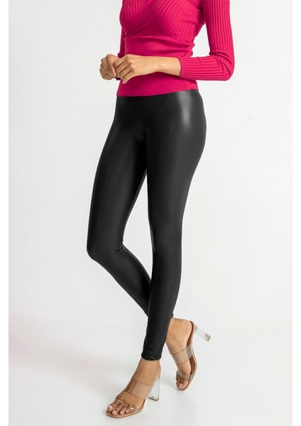 Kadın Siyah Içi Peluşlu Kışlık Suni Deri Ekstra Yüksek Bel Toparlayıcı Tayt