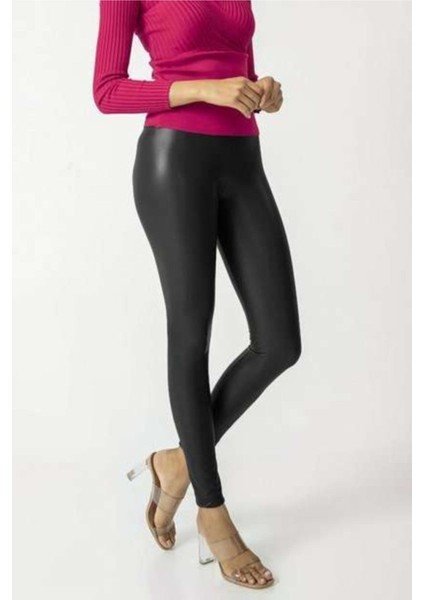 Kadın Siyah Içi Peluşlu Kışlık Suni Deri Ekstra Yüksek Bel Toparlayıcı Tayt
