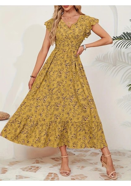 Kadın Kısa Kollu Kruvaze Yaka Beli Lastikli Çiçek Desenli Elbise fiyatları